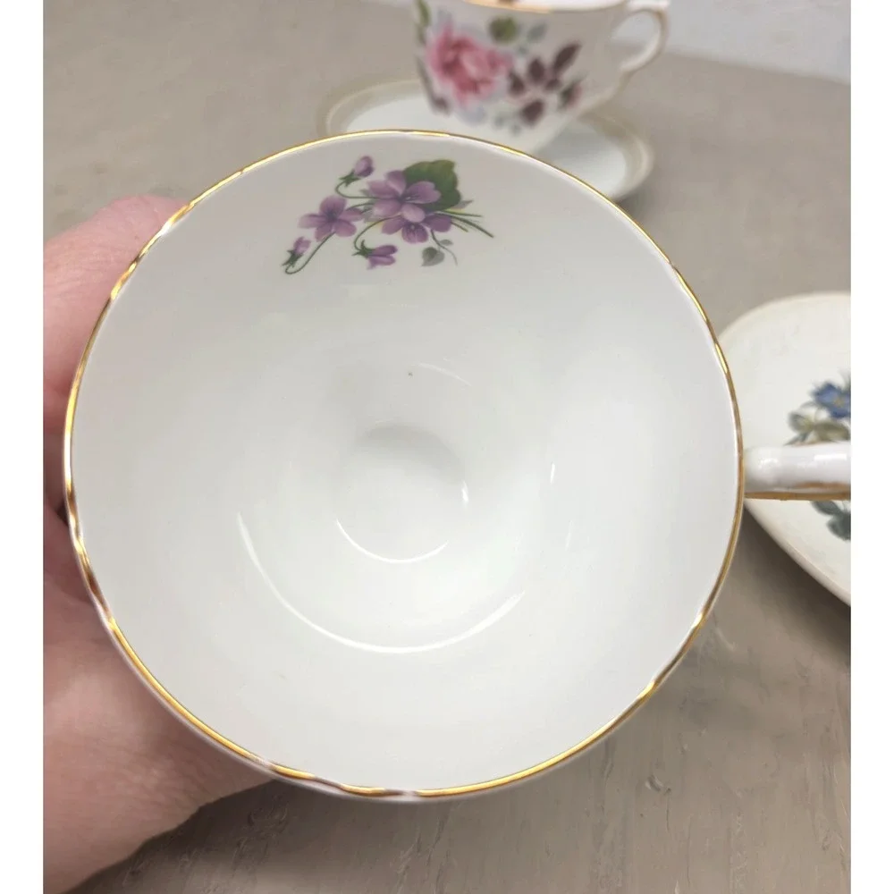 Mismatch Vtg Tea Set for 2 English Bone China Violets Roses Floral Cottagecore